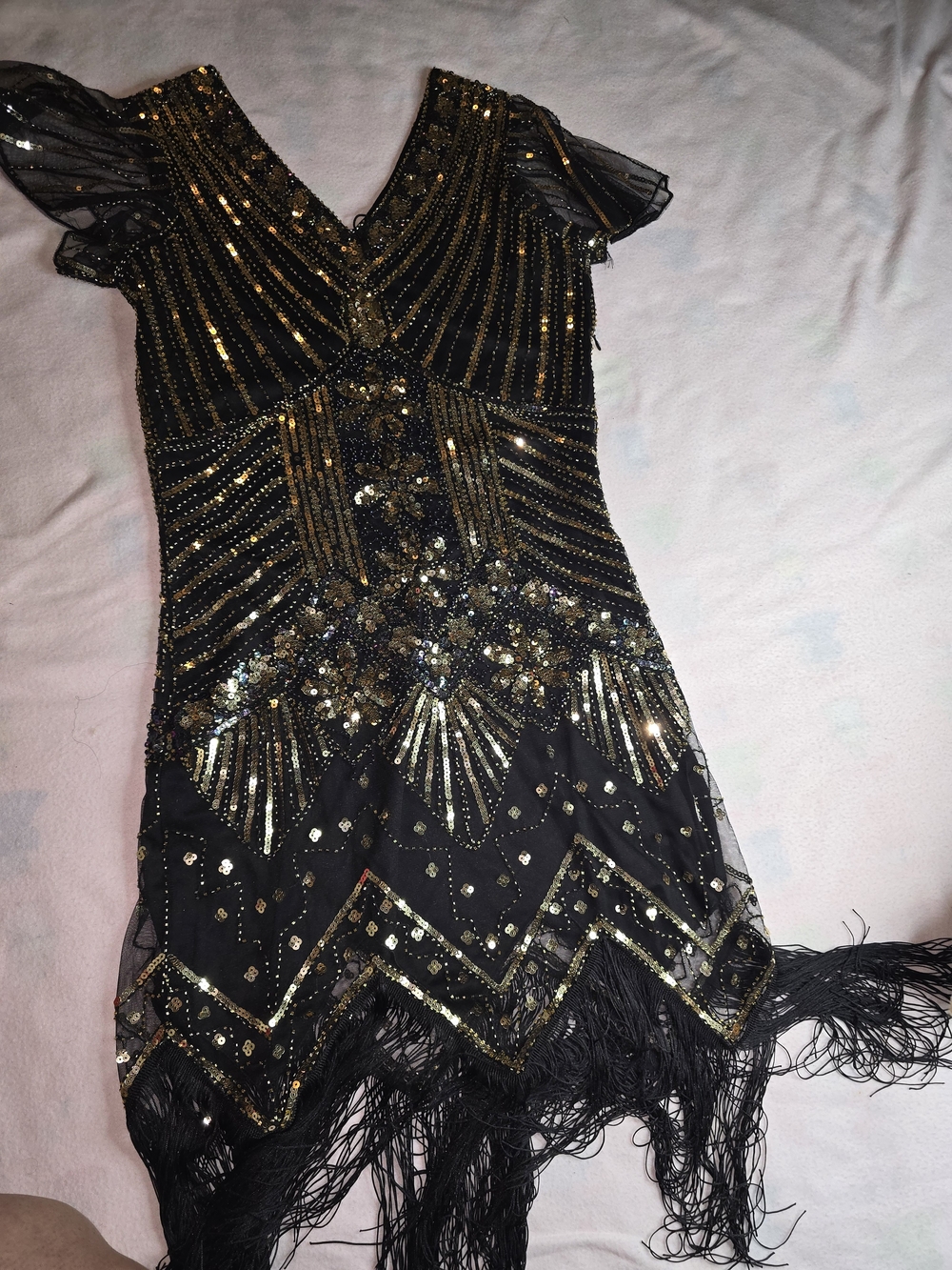 Embellished Black & Gold Art Deco Fringe Midi Dress - Picture 9 of 10
